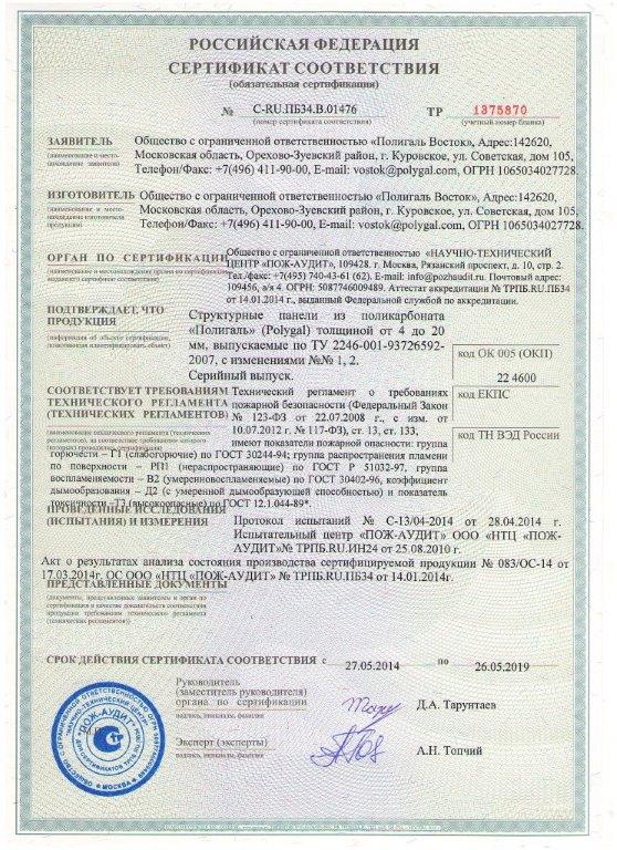 сертификат пожарной безопасности сотовый поликарбонат Полигаль